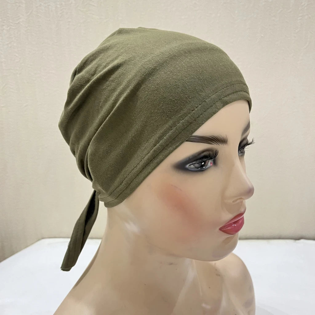 H048 Plain Cotton tie back hats Muslim Turban Pure Color Stretch Inner Hijabs underscarf Women Head Scarf Under Hijab Bonnet