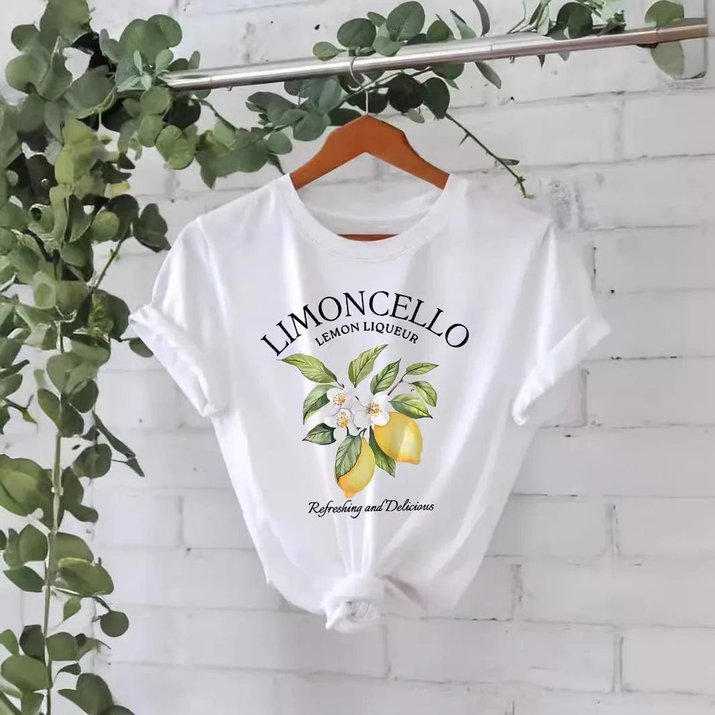 Europe and The United States Summer Short-sleeved Round Neck American Lemon Pattern Printed T-shirt Woman Graphic polyester