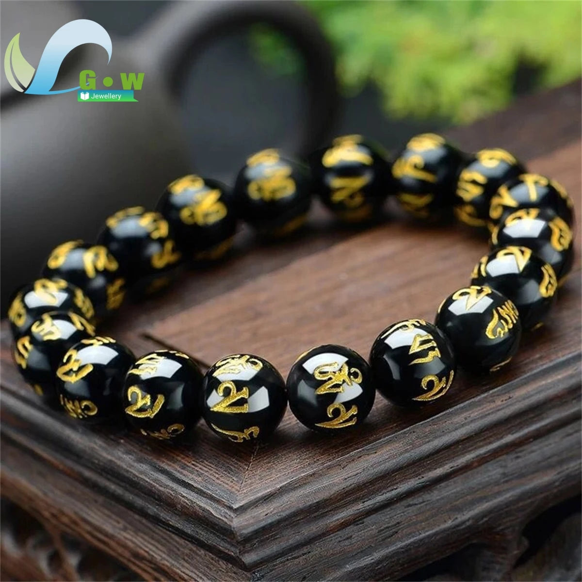 Lucky Natural Black Jade Carved Six-Character Motto Obsidian Transfer Bracelet For Men Women Gift Couple Bracelet Jewelry Gift