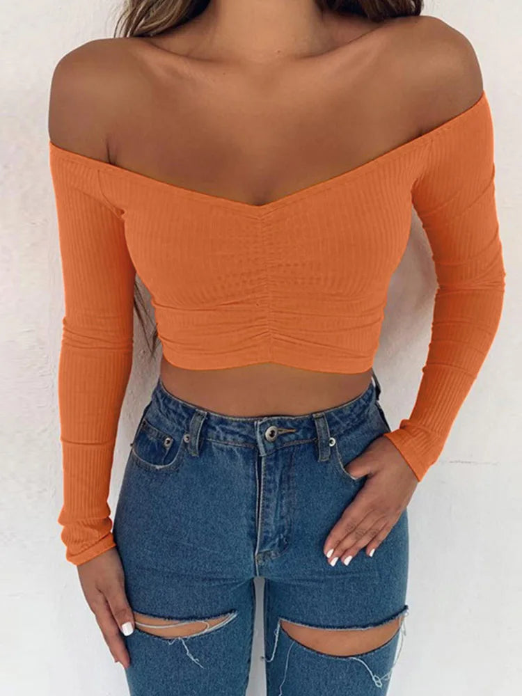 Women's Sexy Club Fashion T-Shirts Long Sleeve Off-Shoulder Solid Color Ladies T-shirts Autumn Basic Tees