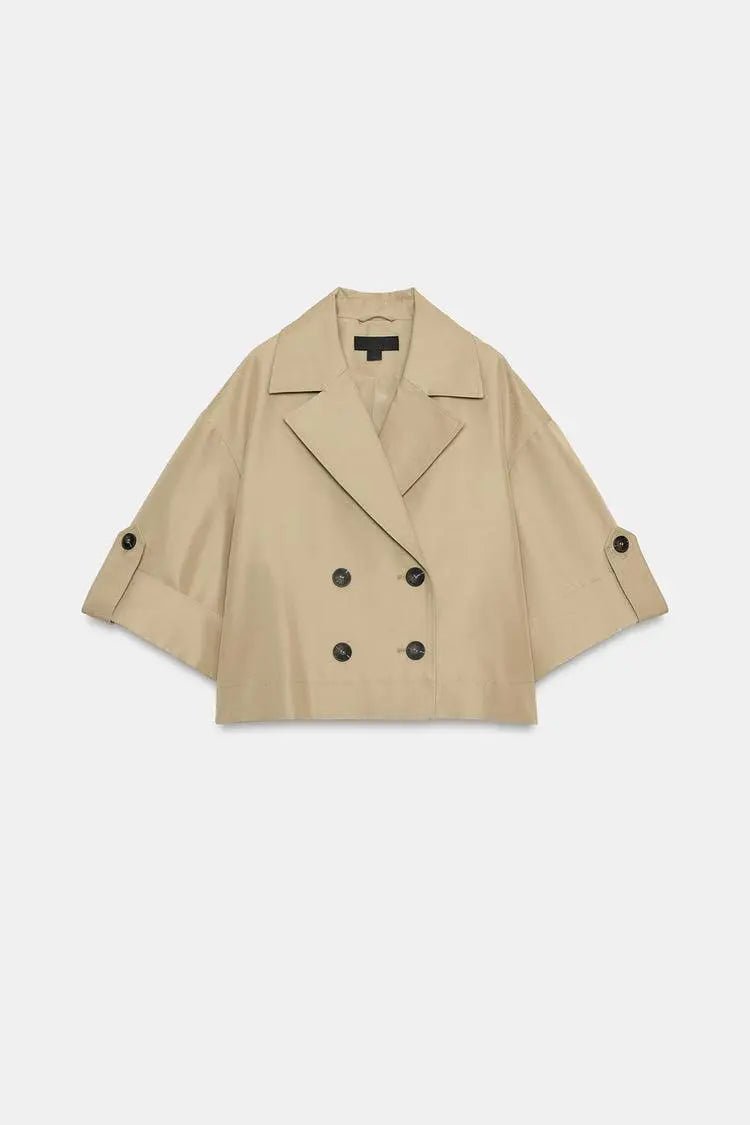 Spring Summer New Women's Simple Turn-down Collar Short Sleeve Double-breasted Short Length Windbreaker Jacket 3046229
