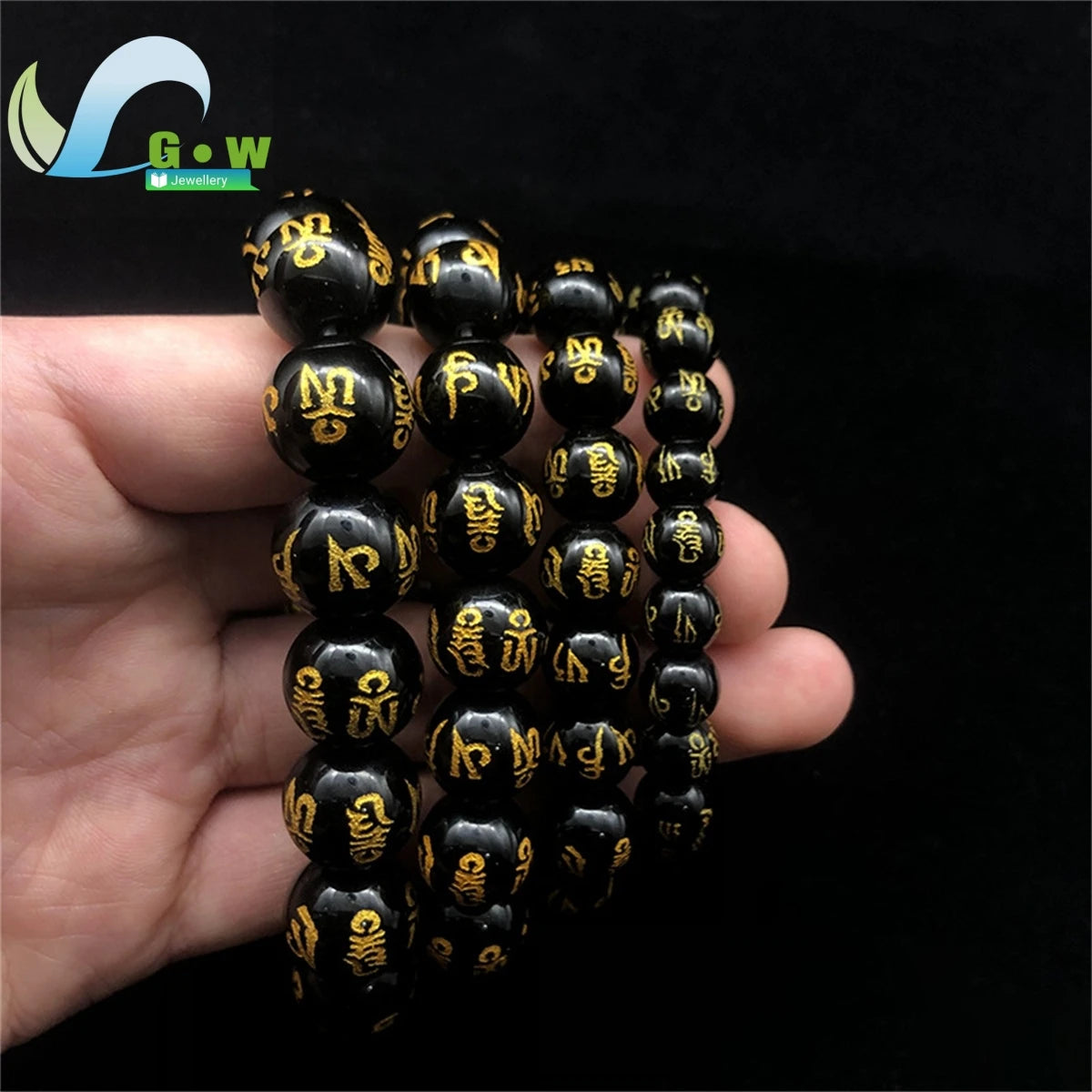 Lucky Natural Black Jade Carved Six-Character Motto Obsidian Transfer Bracelet For Men Women Gift Couple Bracelet Jewelry Gift
