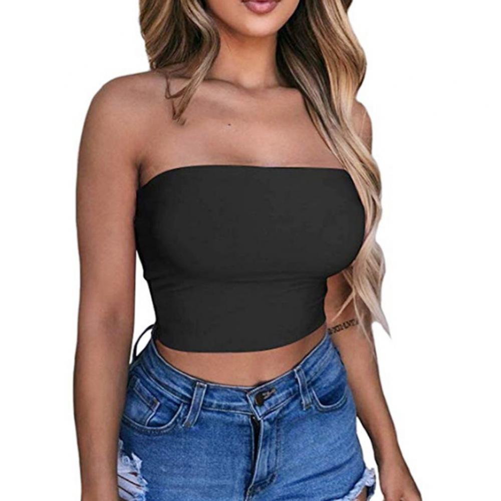Club Bar Women Sexy Solid Color Vest Strapless Cropped Mini Bustier Slim Elastic Tube Top