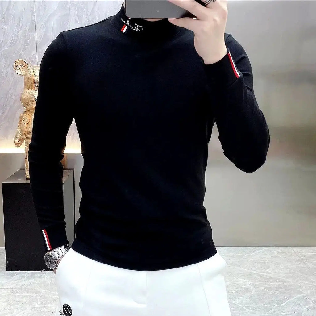 Autumn New Men Chic Thicken Thermal T-Shirts Half High Collar Bottoming Contrast Color Long Sleeve Elastic Slim All-match Tops