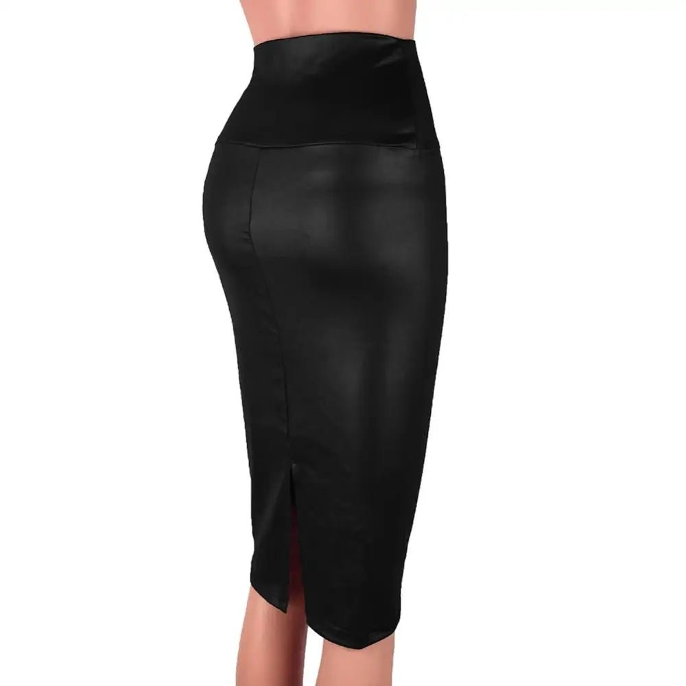 Fashion Elegant High Waist Split Faux Leather Skirt Women Knee Length Bodycon Pencil Skirt