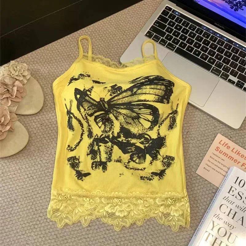 Leopard Lace Patchwork Sexy Camis Summer Y2k Beach Style Elegant Bodycon Korean Fashion Clothing 2000s American Vintage Tanks