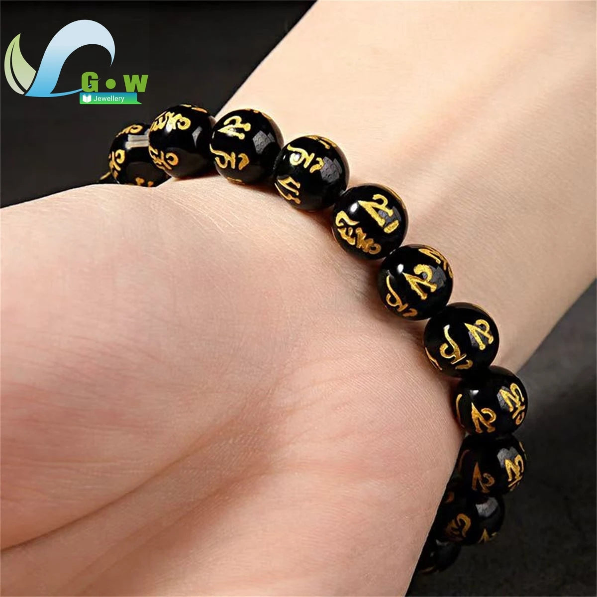 Lucky Natural Black Jade Carved Six-Character Motto Obsidian Transfer Bracelet For Men Women Gift Couple Bracelet Jewelry Gift