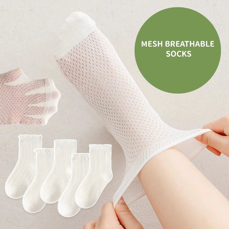 5 Pairs Color Solid Mesh Children Gils Mid-calf Socks Concise Trendy Casual Breathable Cotton Combed Cozy Soft Elastic Kids Sock