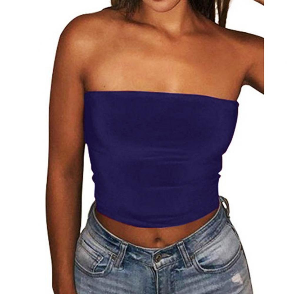 Club Bar Women Sexy Solid Color Vest Strapless Cropped Mini Bustier Slim Elastic Tube Top