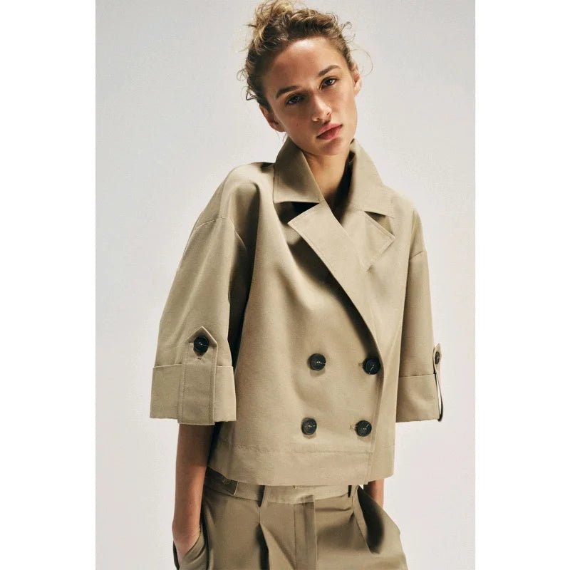 Spring Summer New Women's Simple Turn-down Collar Short Sleeve Double-breasted Short Length Windbreaker Jacket 3046229