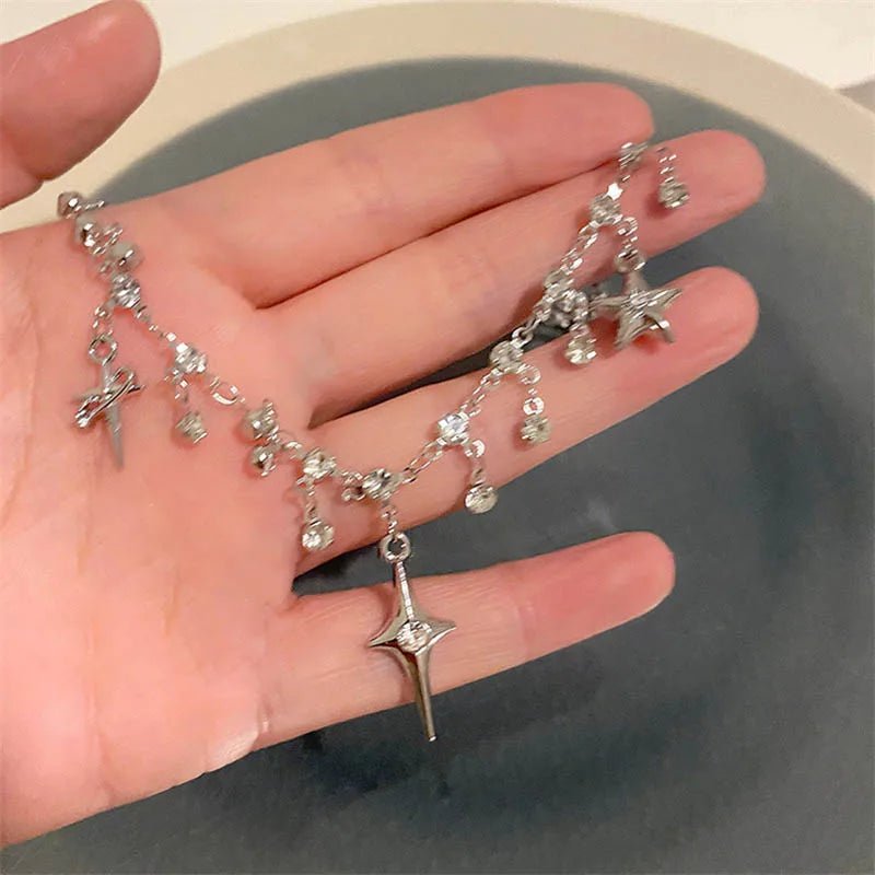 Collier Pendentif Croix Cristal Zircon & Franges – Bijou Chaîne Clavicule Y2K Femme