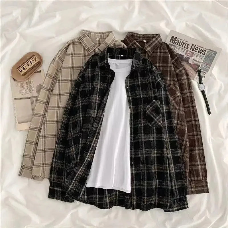 Women's Plaid Long-Sleeve Shirt, Retro Style, Loose Fit, Korean Version, Spring Wear, Student Jacket
