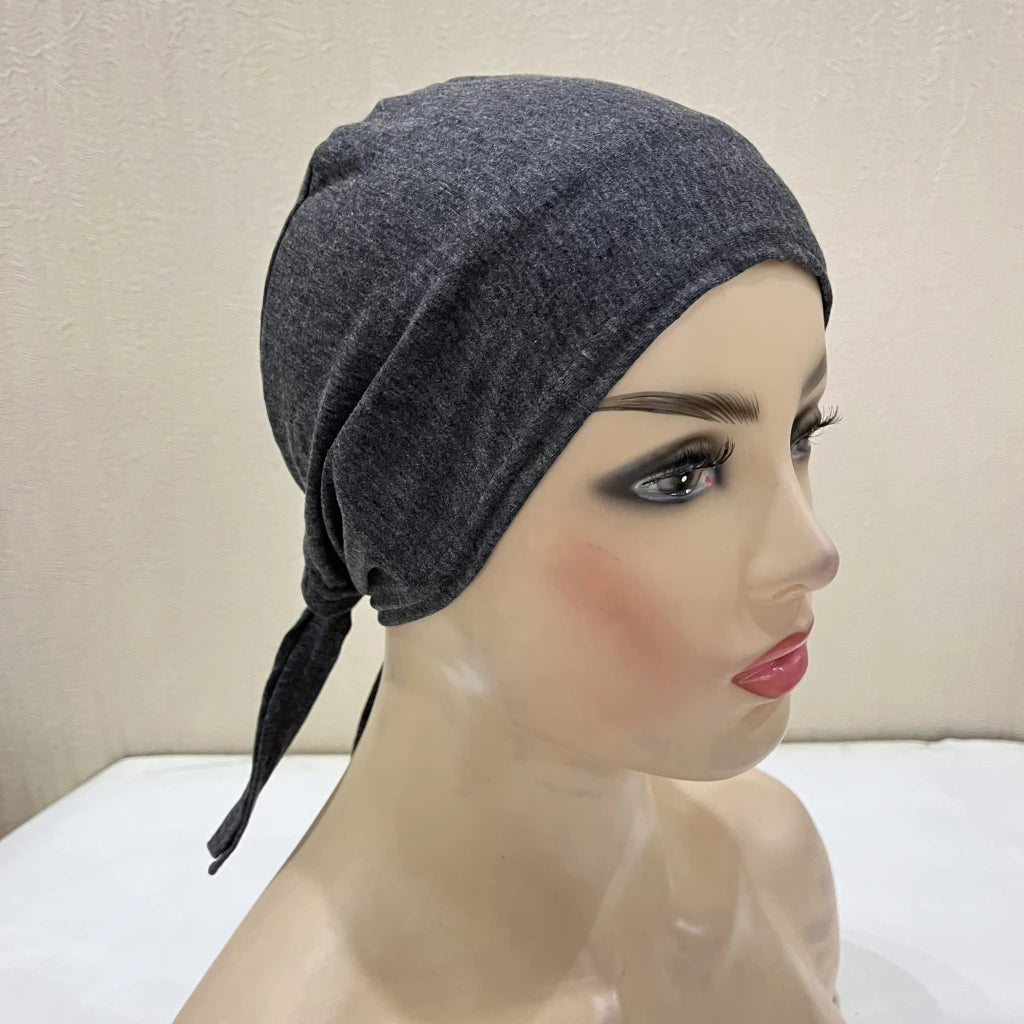 H048 Plain Cotton tie back hats Muslim Turban Pure Color Stretch Inner Hijabs underscarf Women Head Scarf Under Hijab Bonnet