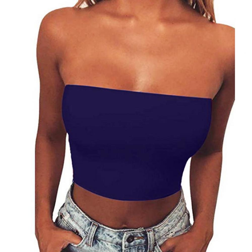 Club Bar Women Sexy Solid Color Vest Strapless Cropped Mini Bustier Slim Elastic Tube Top