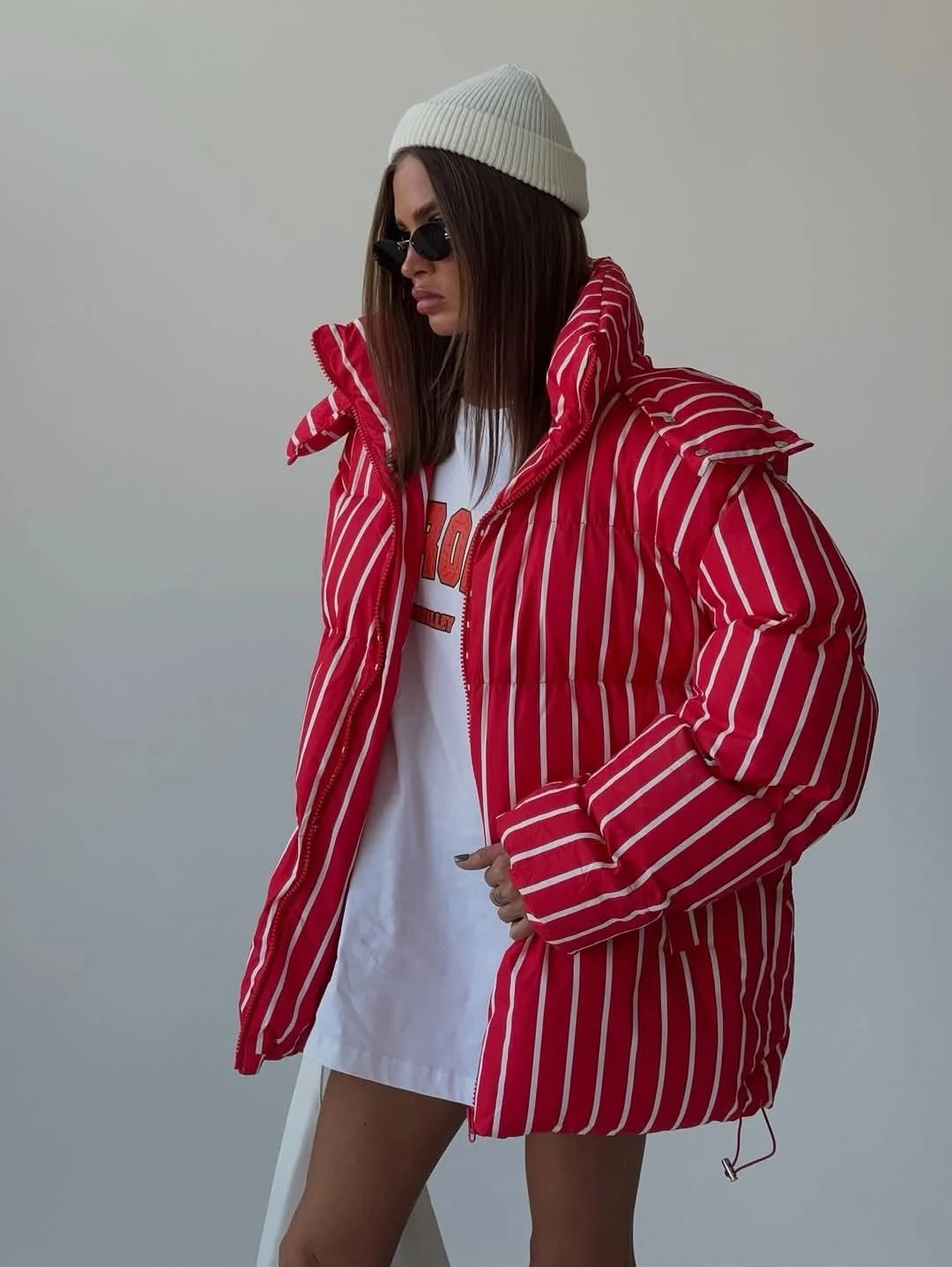 Street Drawstring Detachable Hooded Cotton Coats Women Stand Collar Full Sleeve Lace Up Slim Waist Coat 2025 Winter Warm Outwear