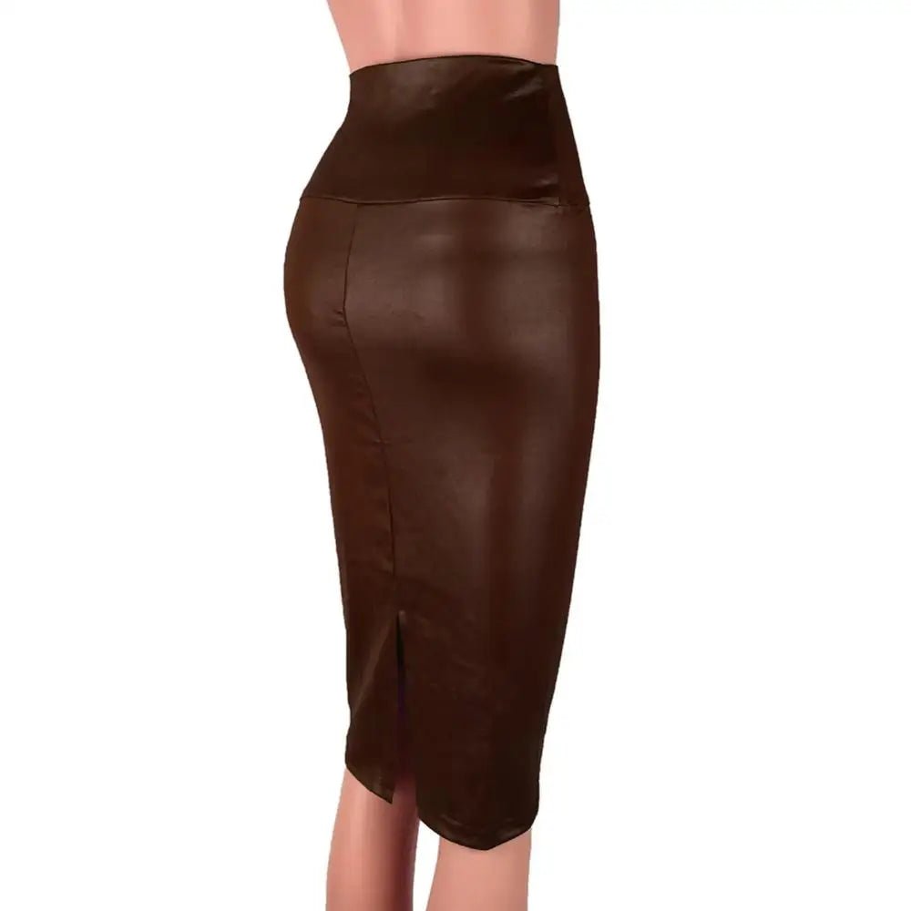 Fashion Elegant High Waist Split Faux Leather Skirt Women Knee Length Bodycon Pencil Skirt