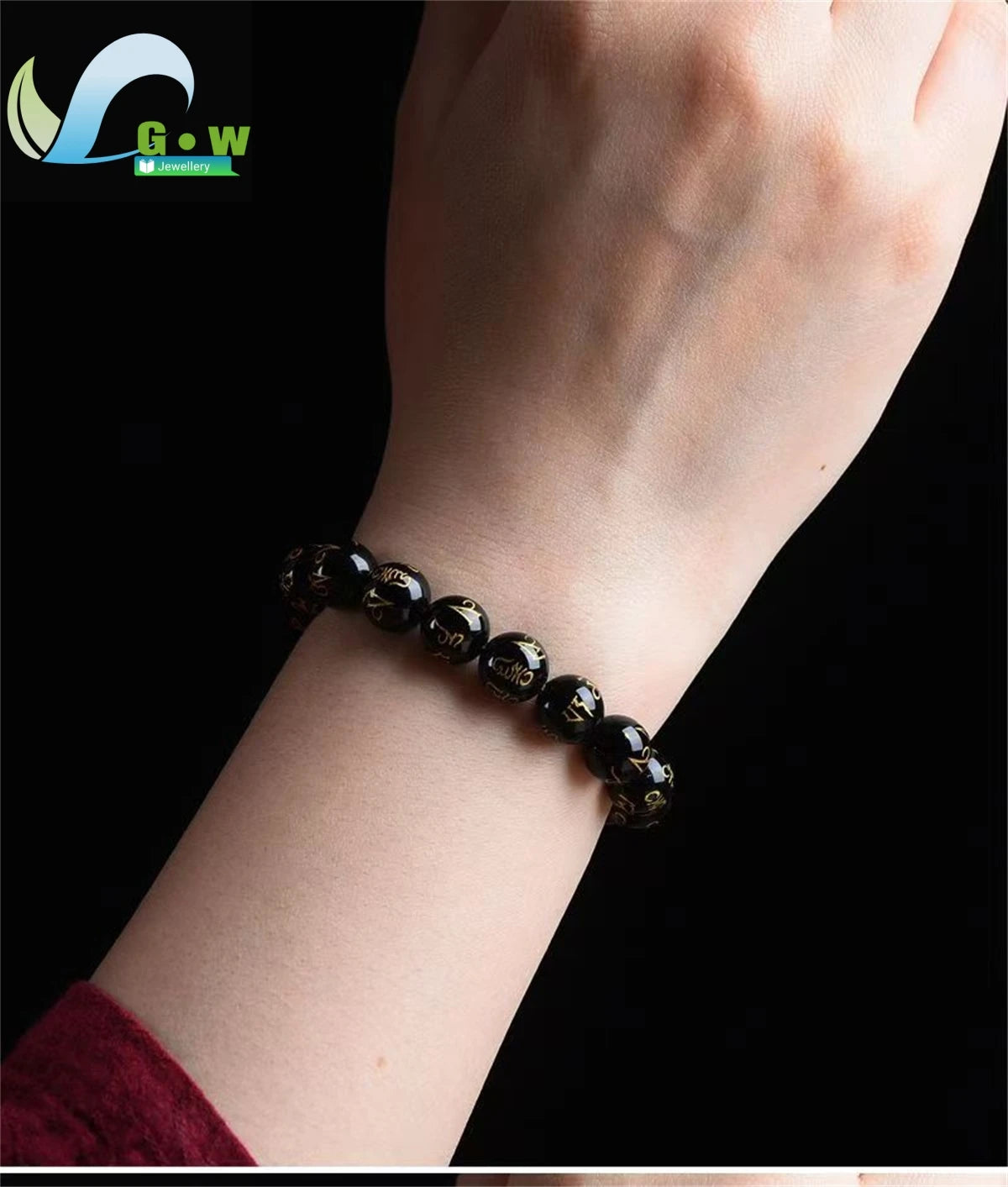 Lucky Natural Black Jade Carved Six-Character Motto Obsidian Transfer Bracelet For Men Women Gift Couple Bracelet Jewelry Gift