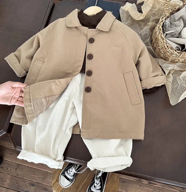 All Season Kids' Cotton Trench Coat Korean Style Unisex Mid Length Versatile Casual Top for Boys Girls