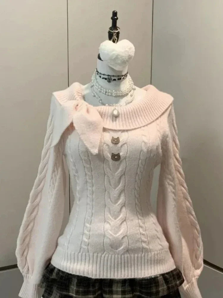 Women's Off-the-Shoulder Bow Sweater – Y2K Sexy & Elegant Autumn Winter Knit
