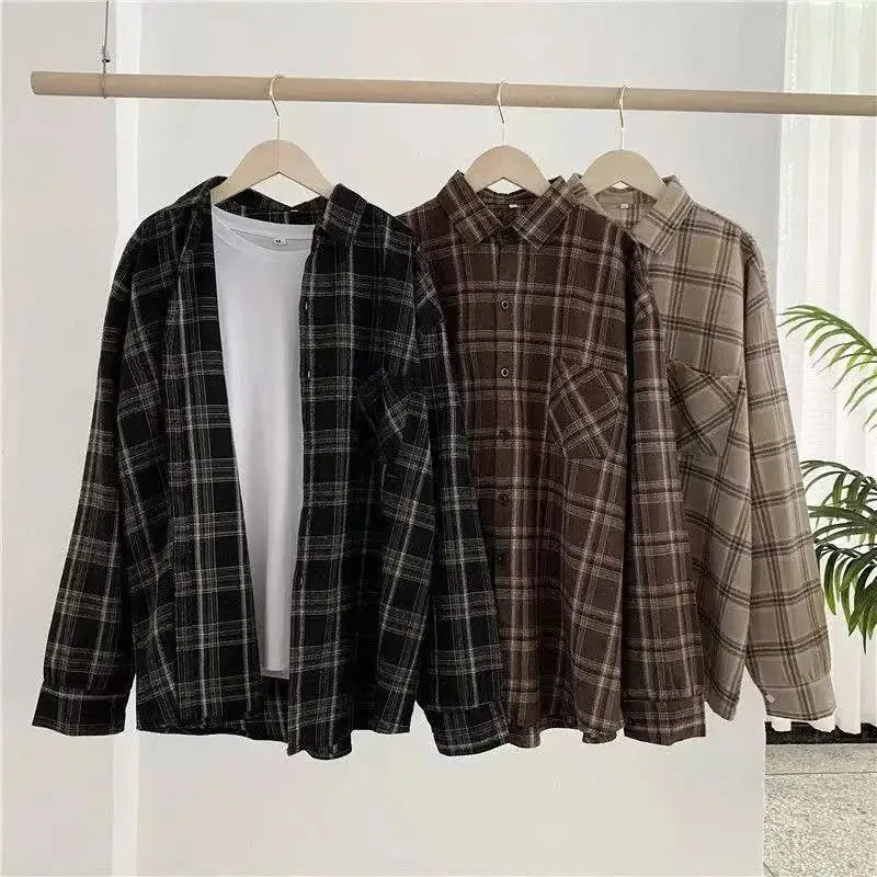 Women's Plaid Long-Sleeve Shirt, Retro Style, Loose Fit, Korean Version, Spring Wear, Student Jacket