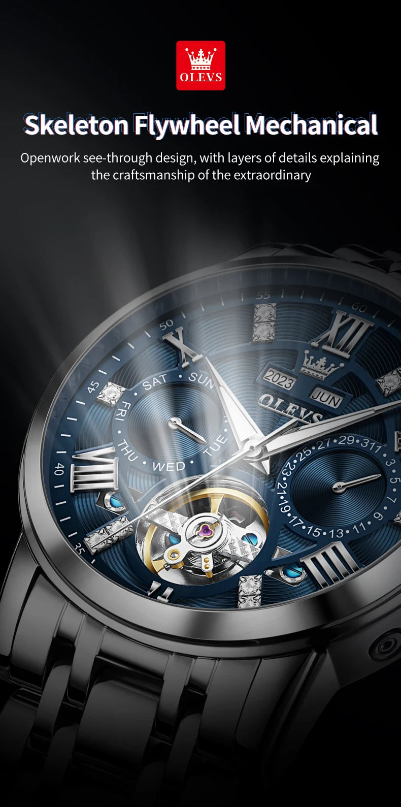 OLEVS montres pour hommes Skeketon volant automatique mécanique montre-bracelet originale pour homme étanche lumineux calendrier perpétuel