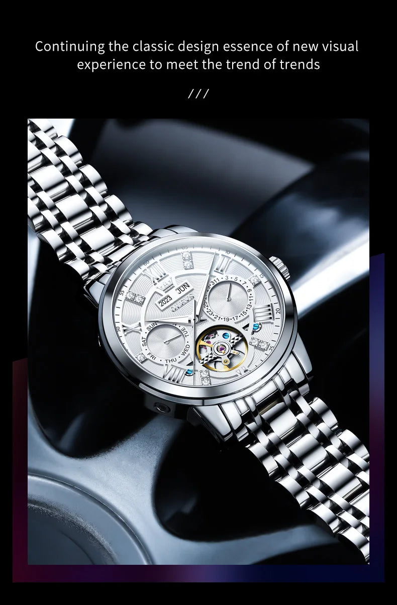 OLEVS montres pour hommes Skeketon volant automatique mécanique montre-bracelet originale pour homme étanche lumineux calendrier perpétuel