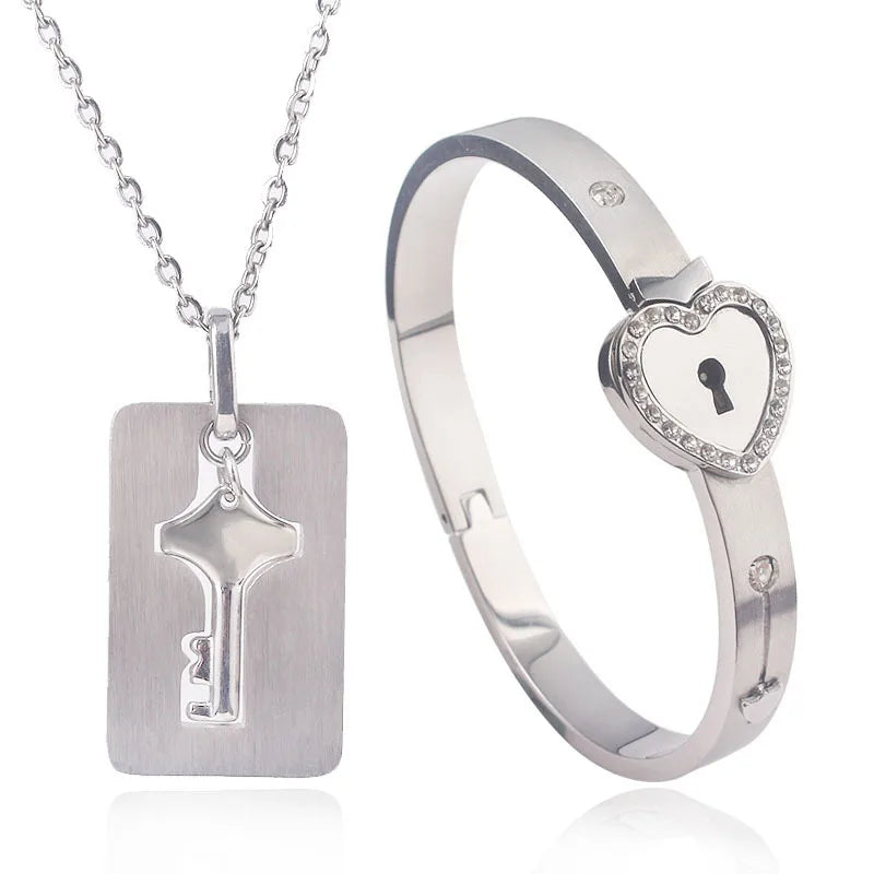 Couple Jewelry Stainless Steel Bracelet Love Lock Bracelet Can Be Opened Key Pendant Necklace Men And Women Valentine's Day Gift