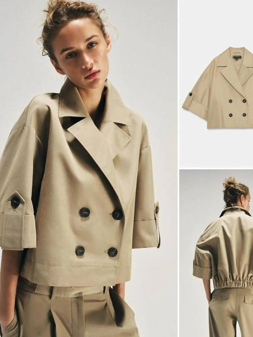 Short A-Line Windbreaker with Cuffed Sleeves Double-Breasted Closure Back Elastic Band Detail Polyester Cotton Blend ...