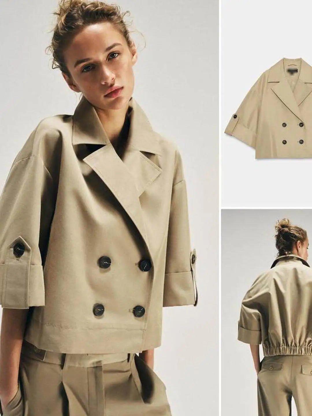 Short A-Line Windbreaker with Cuffed Sleeves Double-Breasted Closure Back Elastic Band Detail Polyester Cotton Blend ...