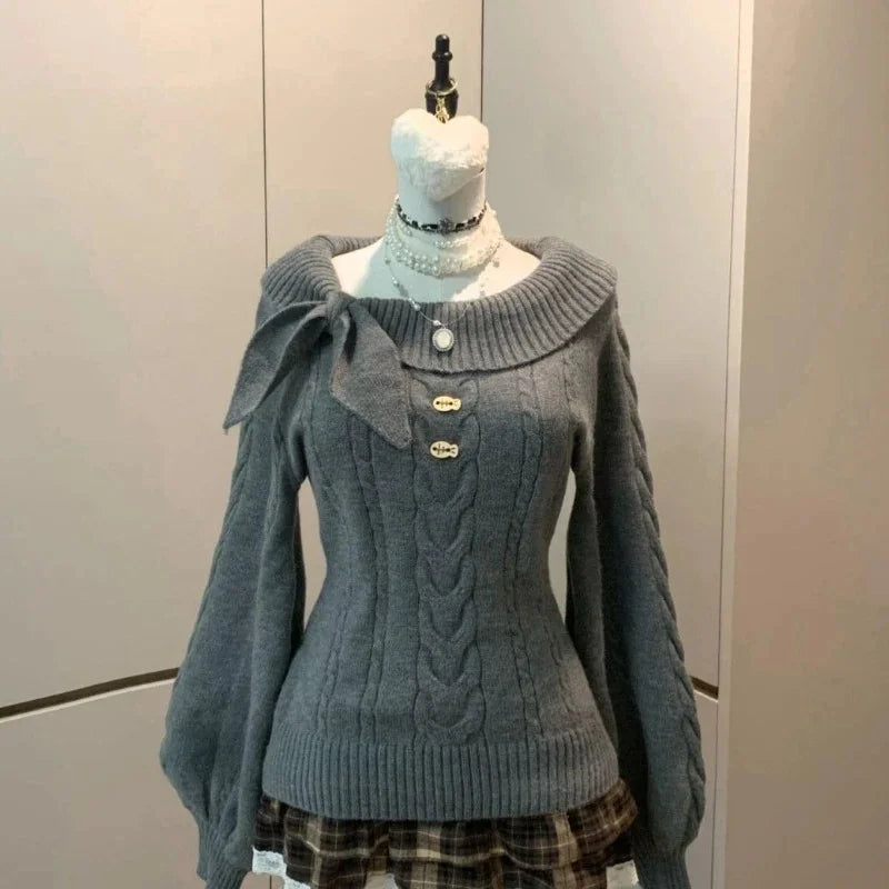 Pull Épaules Dénudées Nœud Femme – Tricot Y2K Sexy & Élégant Automne Hiver
