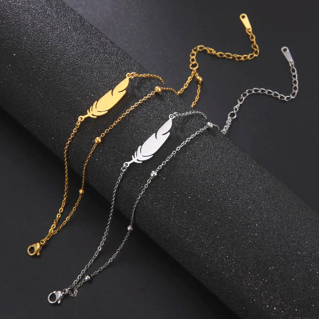 Dreamtimes  Anklets Women's Foot Chain  Feather Stainless Steel Double Foot Chain Beach Style Boho Anklet Jewellery Accessories