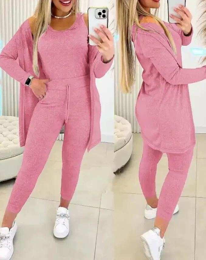 Ensemble trois pièces pour femmes, Cardigan, haut et pantalon, couleur unie, Simple, mode voyage, rue, été 2024