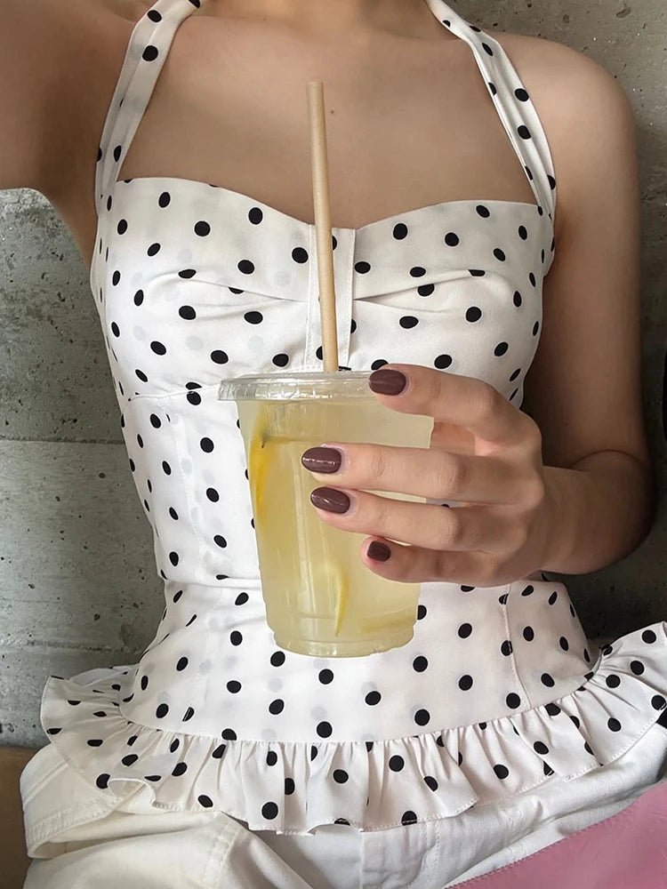 Polka Dot Print Tops Women Halter Low-Neck Bandage Ruffles Backless Sleeveless Skinny Fashion Street Versatile Vest 2026