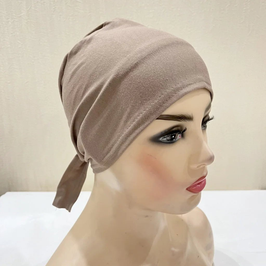 H048 Plain Cotton tie back hats Muslim Turban Pure Color Stretch Inner Hijabs underscarf Women Head Scarf Under Hijab Bonnet
