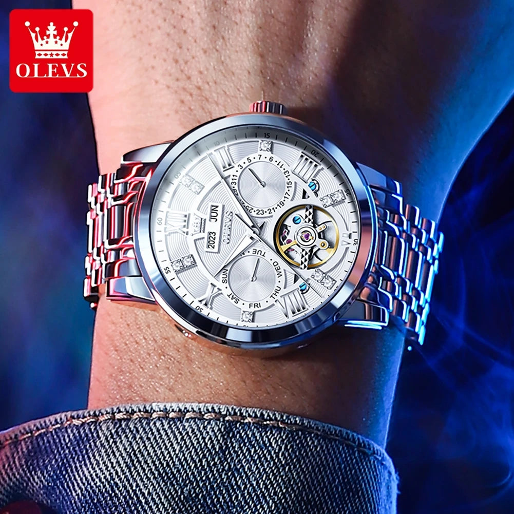 OLEVS montres pour hommes Skeketon volant automatique mécanique montre-bracelet originale pour homme étanche lumineux calendrier perpétuel