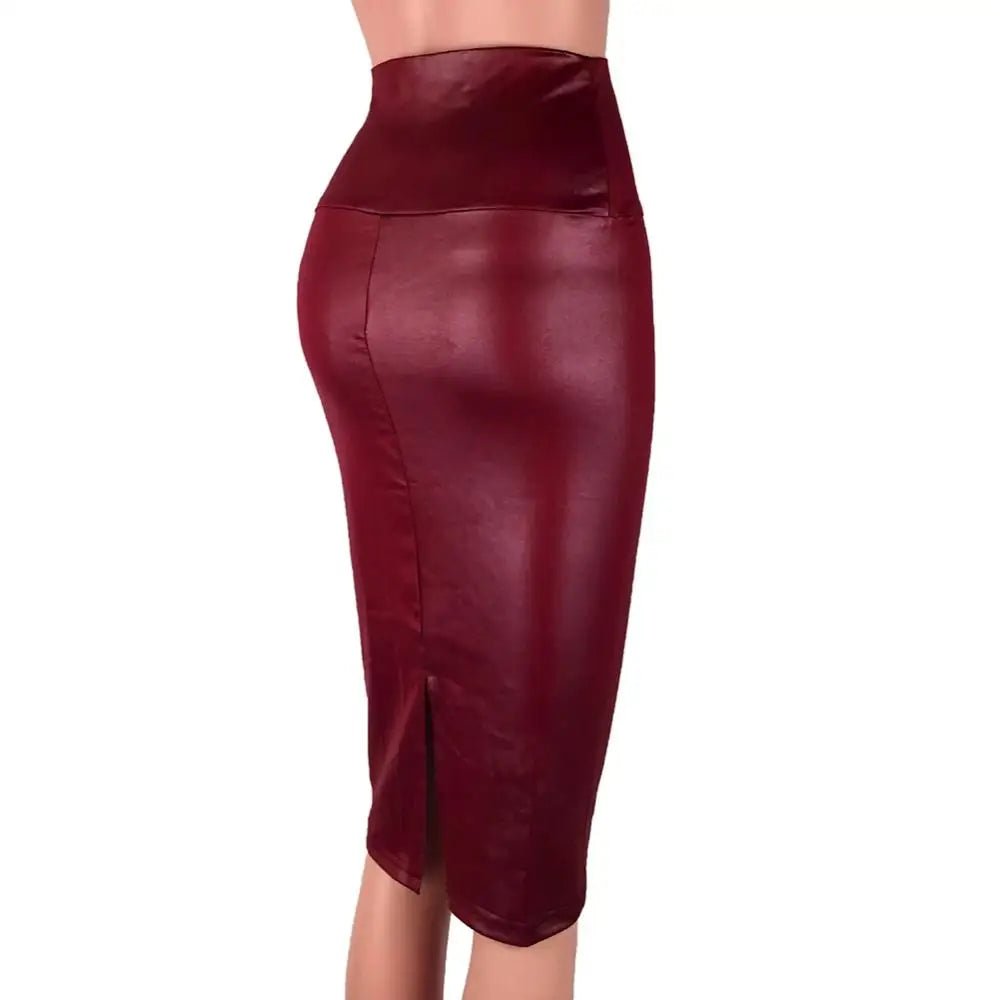 Fashion Elegant High Waist Split Faux Leather Skirt Women Knee Length Bodycon Pencil Skirt