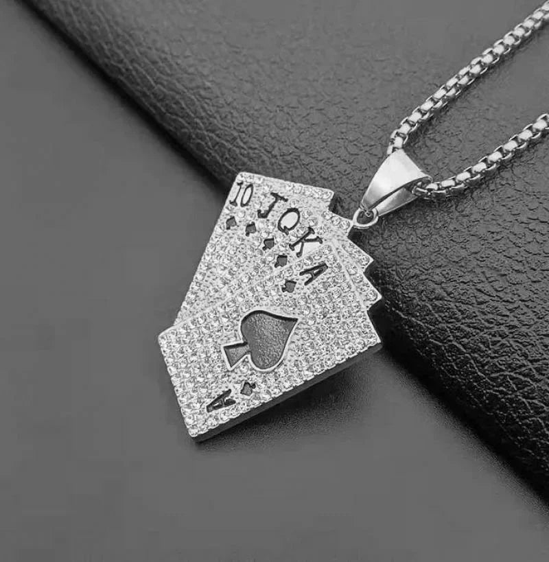 Hip-Hop Iced Out Spades Playing Card Necklace Men\'s Personalized Street Hip-Hop Rock Trend Jewelry Cool Luck Necklace