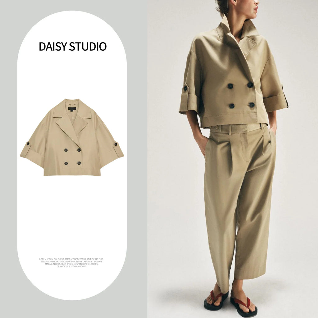 Spring Summer New Women's Simple Turn-down Collar Short Sleeve Double-breasted Short Length Windbreaker Jacket 3046229