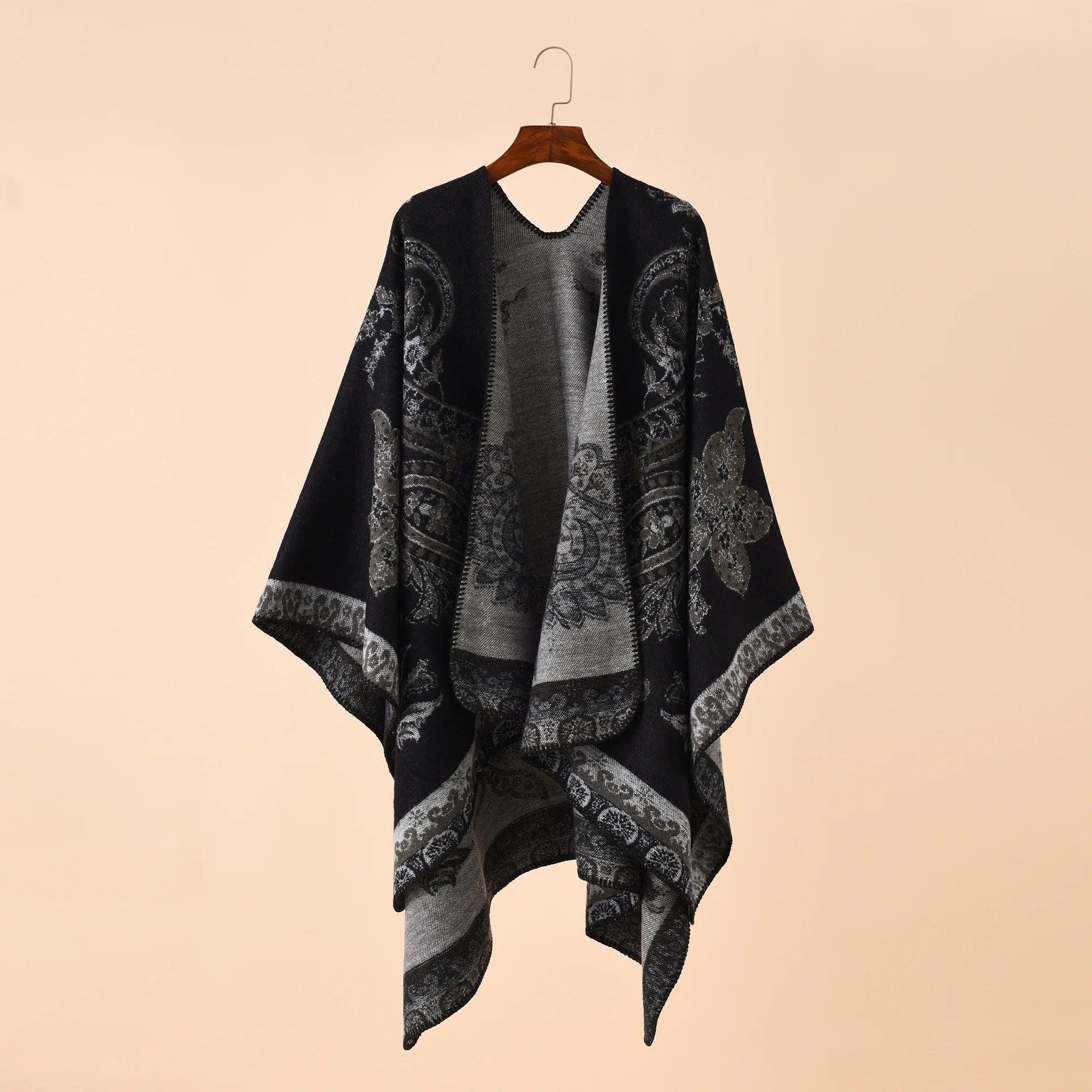2025 Autumn Winter New Street Geometric Lattice Flower Pattern Imitation Cashmere Warm Shawl Cloak Women Poncho Capes Red