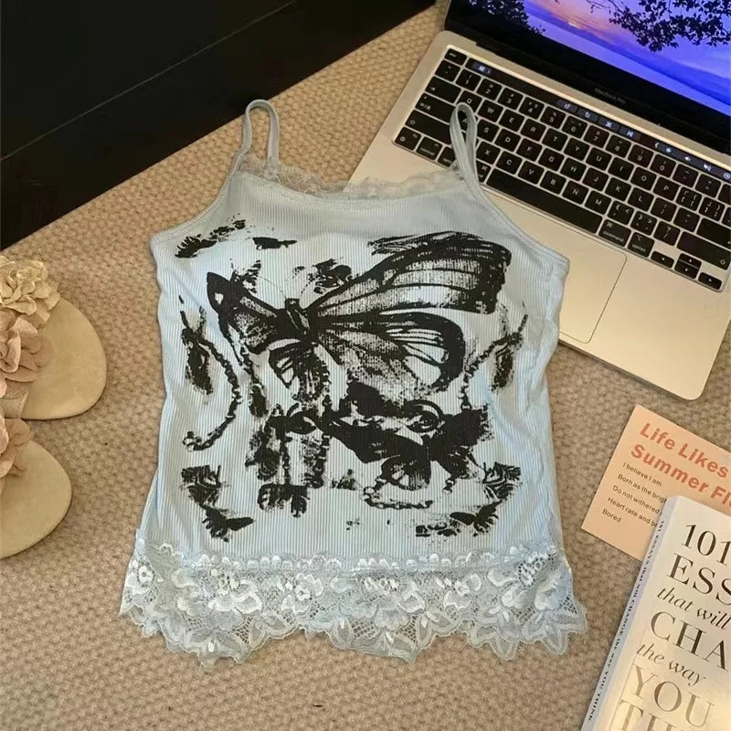 Leopard Lace Patchwork Sexy Camis Summer Y2k Beach Style Elegant Bodycon Korean Fashion Clothing 2000s American Vintage Tanks