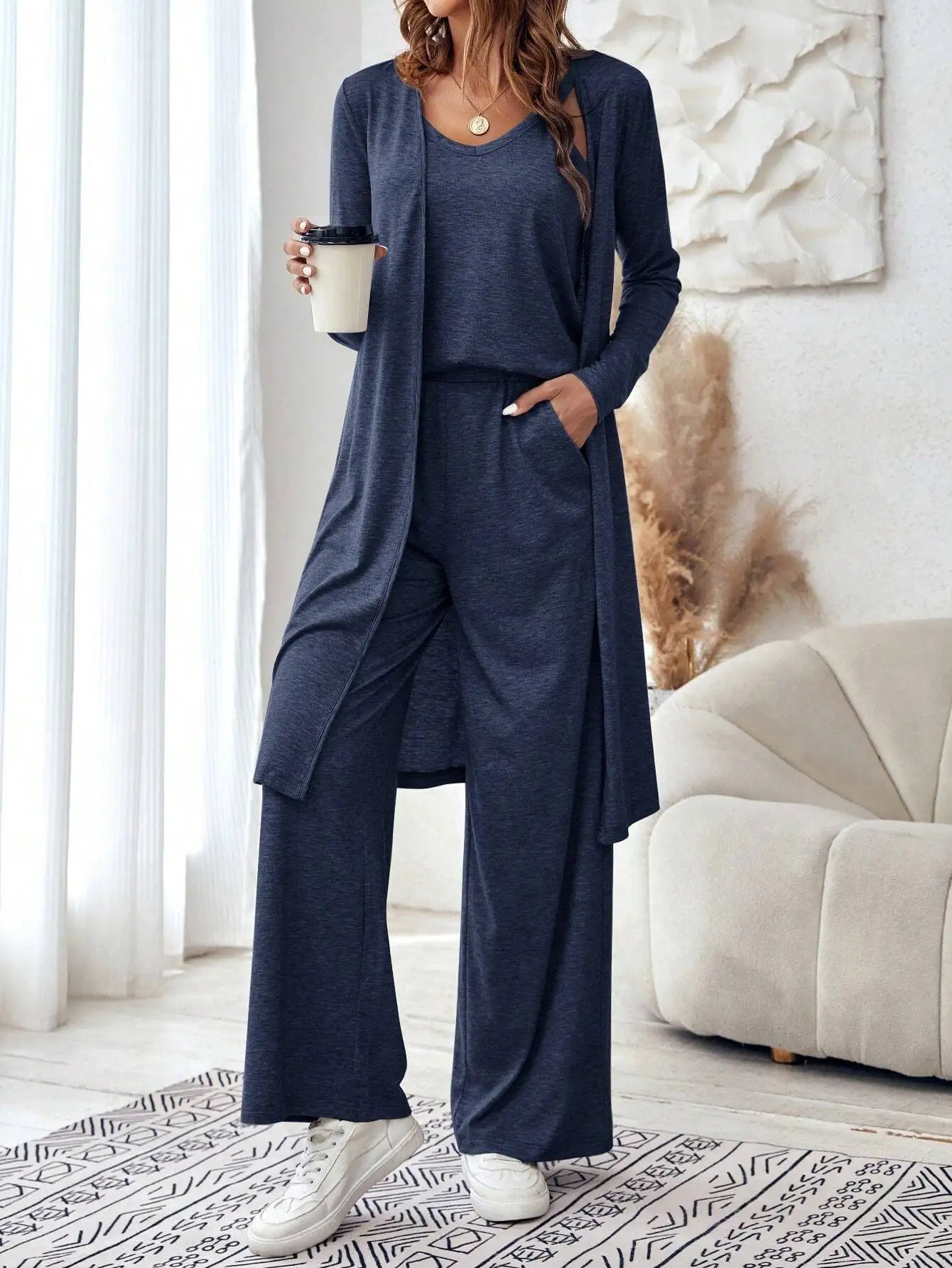 Cardigan ample à col en V et pantalon à jambe droite pour femmes, gilet décontracté, ensemble de 3 pièces, nouvelle mode, automne