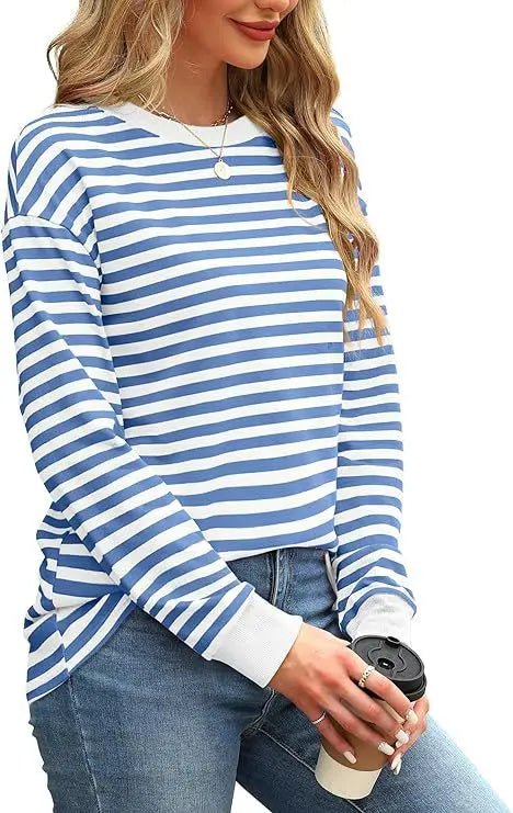 2025 Spring Women's Striped T-shirt Long Sleeve O-neck Color-blocking Fashion Top Versatile College Casual Street Tees