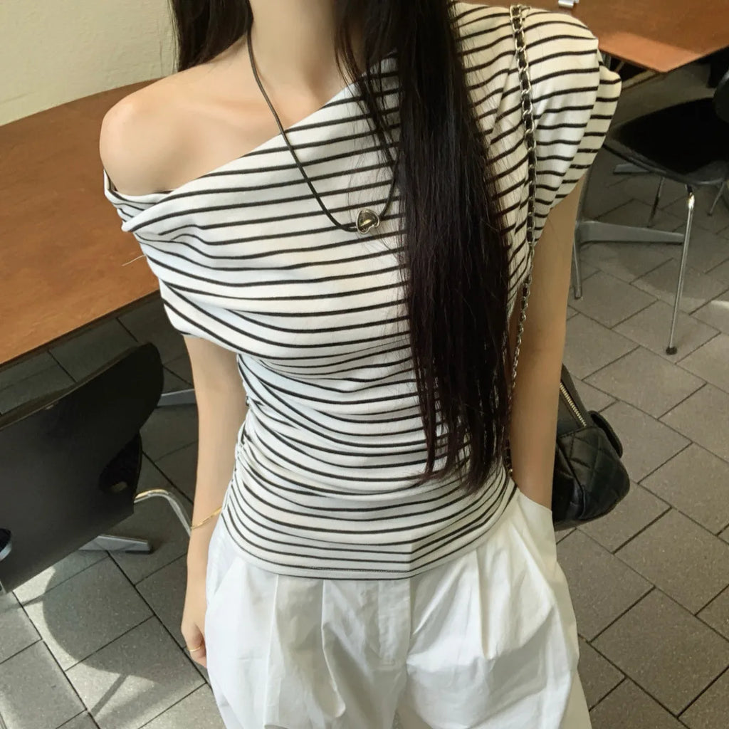 2026 Summer Striped Sexy T-shirt Women Slim Skinny Short Sleeve Y2K Korean Fashion Japanese Tee Shirt Woman Crop Tops Clothes