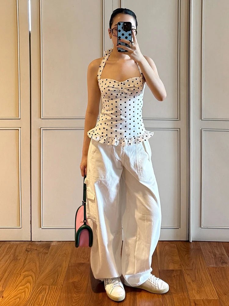Polka Dot Print Tops Women Halter Low-Neck Bandage Ruffles Backless Sleeveless Skinny Fashion Street Versatile Vest 2026