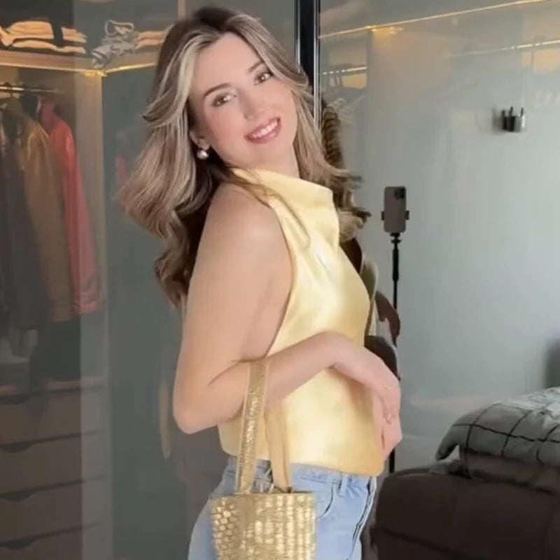 HXAO haut femmes licou Satin haut pour femme dos nu haut Corset gilet jaune rose noir été élégant Sexy hauts débardeur robes