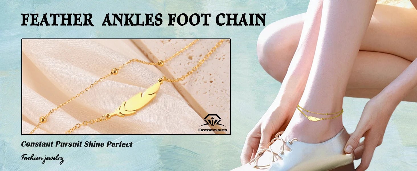 Dreamtimes  Anklets Women's Foot Chain  Feather Stainless Steel Double Foot Chain Beach Style Boho Anklet Jewellery Accessories