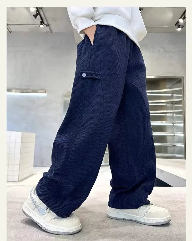 2025 Boys Causal Pants Kids Autumn Loose Warm Sports Pants 120-170 Navy Blue Trousers for Children Spring Kids Clothing New