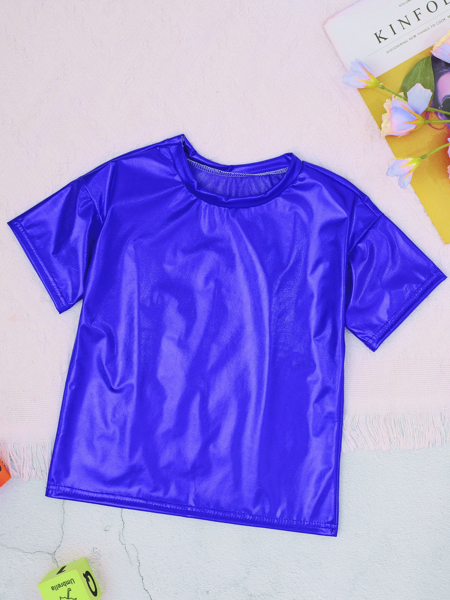 Children T-Shirt Shiny Metallic Short Sleeve Clothes Girl Boys Kids T-Shirt Hip Hop Jazz Dance Costume Top Performance Dancewear