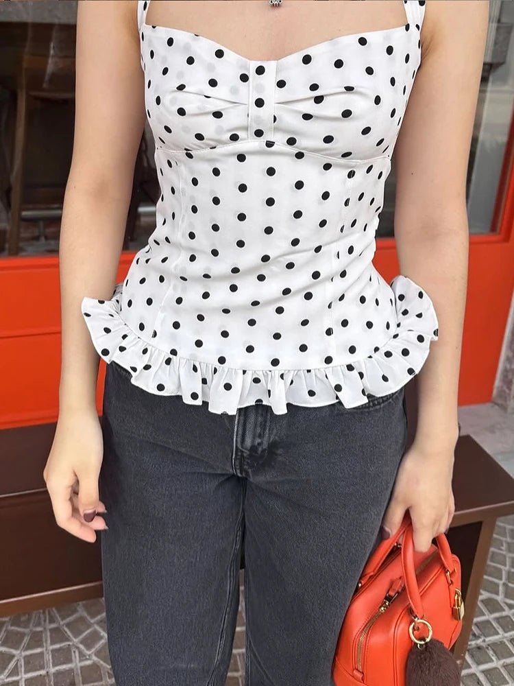 Polka Dot Print Tops Women Halter Low-Neck Bandage Ruffles Backless Sleeveless Skinny Fashion Street Versatile Vest 2026