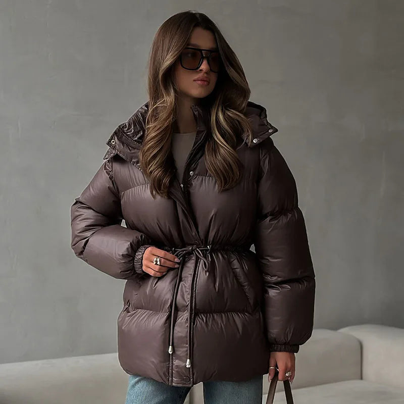 Street Drawstring Detachable Hooded Cotton Coats Women Stand Collar Full Sleeve Lace Up Slim Waist Coat 2025 Winter Warm Outwear